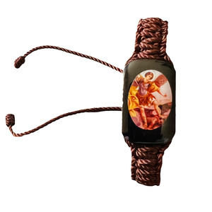 Saint Michael Reversible Bracelet Brown Knotted Rope Wood Pendant Adjustable